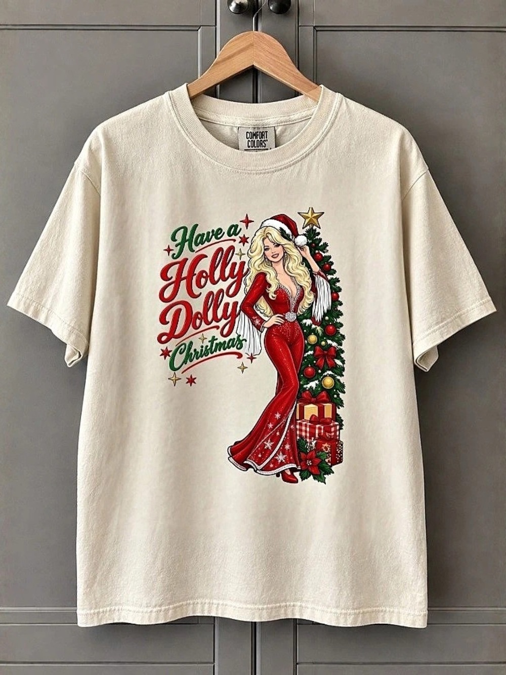 Comfort Colors Dolly Parton Have A Holly Dolly Christmas Red Dress Santa Hat Vin